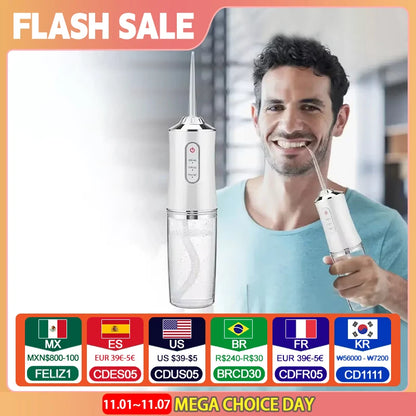 Portable Smart Electric Oral Irrigator Water Flosser 4 Jets 3 Modes Rechargeable Teeth Cleaner.