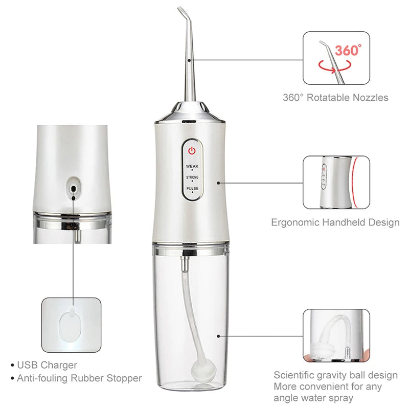 Portable Smart Electric Oral Irrigator Water Flosser 4 Jets 3 Modes Rechargeable Teeth Cleaner.